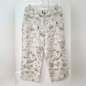 Chico's Vacation Print Cream Black Linen Cropped Pants .5